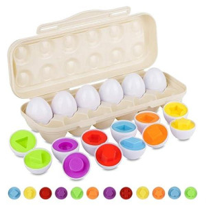 Hhyn Matching Eggs Set With Beige Eggs Holder, Upgraded Toddler Egg Toys Learning Shapes And Colors Educational Puzzle Sorting Games Improve Motor Skills For Kids Easter Gift, 12 Eggs