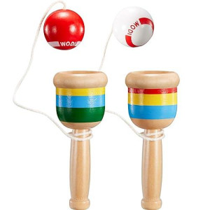 Toodoo 2 Pieces Jacks Game With Ball Paddle Ball With String Cup And Ball Game Mini Wood Catch Ball, Hand Eye Coordination Ball Catching Cup