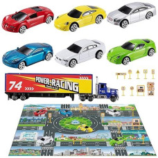 Temi Diecast Racing Cars Toy Set W/Activity Play Mat, Truck Carrier, Alloy Metal Race Model Car & Assorted Vehicle Play Set For Kids, Boys & Girls