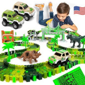 Jitterygit Dinosaur Jurassic Race Track Train Glow In The Dark World Toy Set, Kids Dino Racetrack Park Includes T-Rex & Triceratops Playset - Best Birthday Gift For Boys & Girls 3 4 5 6 7 8 Year Old