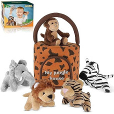 Hakol Jungle Friends Talking Plushie Set - For 3 Year Old & Up Boy & Girl Baby, Realistic Sounding Stuffed Animal Toys Babies, Toddlers & Children - Lion, Elephant, Tiger, Zebra & Monkey - Carrier