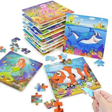 Vileafy 12Pack Wooden Jigsaw Puzzles Party Favors For Kids Age 4-8 Years Old, Sea Animals Small Toddler Puzzles - Gifts And Travel Puzzles 20 Pieces Per Puzzle With Organza Bags