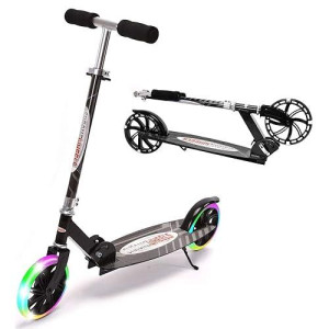 Chromewheels Kick Scooter, Deluxe 8" Large 2 Light Up Wheels Wide Deck 5 Adjustable Height With Kickstand Foldable Scooters, Best Gift For Age 9 Up Kids Girls Boys Teens, 180 Lbs Weight Limit, Black