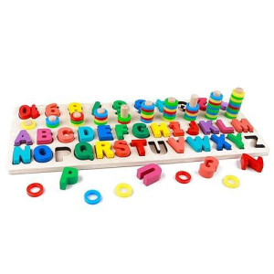 Getianlai 4-In-1 Wooden Blocks Puzzle Board Set Alphabet Abc, Numbers And Letters For Toddlers Preschool Teaching Early Education Toy