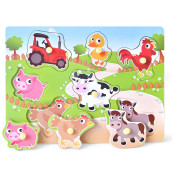Wooden Puzzles Farm Chunky Baby Puzzles Peg Board, Full-Color Pictures For Preschool Educational Jigsaw Puzzles, 7Pieces