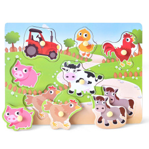 Wooden Puzzles Farm Chunky Baby Puzzles Peg Board, Full-Color Pictures For Preschool Educational Jigsaw Puzzles, 7Pieces