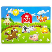 Wooden Peg Puzzle, Farm Chunky Baby Puzzles, Full-Color Pictures Wood Shape Puzzle Peg Board, Animal Knob Puzzle For Educational Toddlers 18Months And Up, 8 Pieces