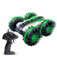 Amphibious Rc Stunt Car 2.4Ghz - 4Wd Water And Land Remote Control Boat Truck Monster Double Sided Rotate, 360 Degree Spinning And Flips Land Wateproof Elecrtric Car Toy For Boys & Girls(Green)