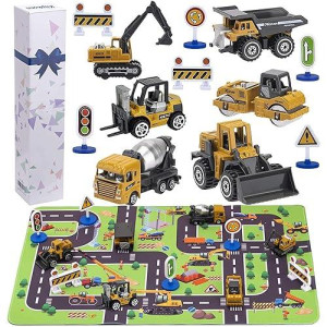 Construction Vehicles Toys With Play Mat, 6 Construction Cars, 6 Road Signs And 15.5" X 23.5" Playmat, Mini Diecast Cars Play Sets, Toy Trucks, Perfect Toy Cars Party Supplies�
