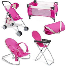 Fash N Kolor 4 Piece Pink Baby Doll Set, Includes - 1 Pack N Play With Carry Bag, 2 Doll Stroller, 3 Doll High Chair, 4 Infant Seat,