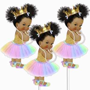 Rainbow Princess African American Centerpieces, Unicorn Princess Table Party Decoration
