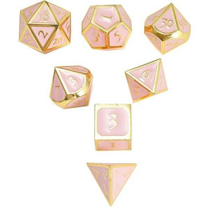 Miyudais Polyhedral Metal Game Dice Cream Pink With Gold Trims 7Pc Set For Dungeons And Dragons Rpg Mtg Table Games D&D Pathfinder Shadowrun And Math Teaching