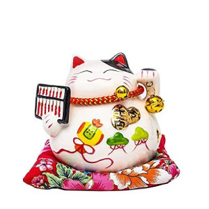 Ziv White Ceramic Maneki Neko Lucky Cat Coin Bank Style Head Flower,Ornately Decorated Porcelain (Abacus, 4.5)