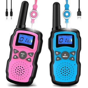 Wishouse Walkie Talkies For Kids Rechargeable Long Range,4 5 6 7 8 Year Old Boy Girl Birthday Gift,Camping Games Cool Toys Ideas For Children With 6000Mah Batteries,Flashlight,Lanyard,2 Pack Pink Blue