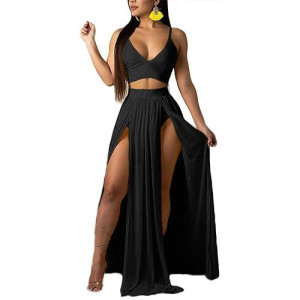 Women Sexy 2 Piece Outfits Dress Chiffon Strap Deep V Neck Bra Crop Top High Split Maxi Dresses Skirt Set Swimwear Cover Ups Black Large