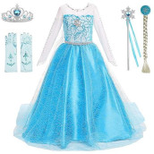 Bankids Princess Costume Birthday Party Dress Up For Little Girls With Wig,Crown,Wand,Gloves Accessories 8-9Years(Q89,140)