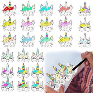 Beyumi 24Pcs Unicorn Diy Masks, Blank Graffiti Coloring Masks, Unicorn Paper Craft Masks For Parties Cosplay Halloween Kids' Hand Painting Art Crafts, Birthday Gift For Boys Girls