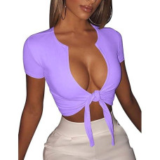 Boriflors Women'S Sexy Tie Up Crop Top Short Sleeve Deep V Neck Casual Basic T Shirt,Medium,Purple