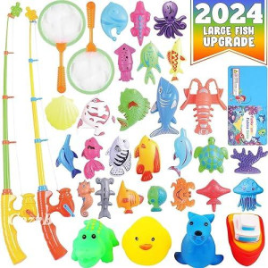 Cozybomb Magnetic Fishing Game For Kids - Bath Pool Toys Set For Water Table Learning Education Fishin For Bathtub Fun With 4 Squeak Rubber Animal And Boat, Poles Rod Net Fishes For Kids Age (Green)