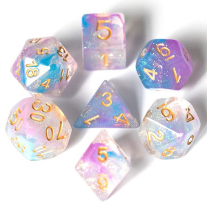 Udixi 7 Pcs Polyhedral Dice Set With Swirls Iridecent, Glitter D&D Dice For Dungeons And Dragons Pathfinder Dnd Rpg Mtg Table Gaming Dice (Purple Blue)