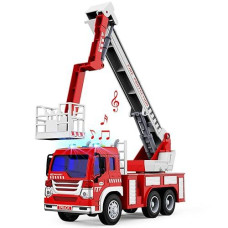 Gizmovine Fire Truck Toy Friction Power With Lights And Sounds, Extending Rescue Rotating Ladder Pull Back Construction Toys Vehicles For Toddlers Boys, Girls 4, 3, Year Old, 1:16 Scale