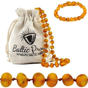 Baltic Proud Raw Amber Necklace And Bracelet Gift Set (Unisex Honey Raw 12.5 Inches/5.5 Inches) - Certified Premium Quality Raw Baltic Sea Amber