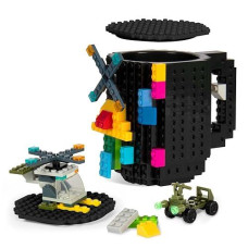 Build-On Brick Coffee Mug With Lid,Fubarbar Funny Diy Novelty Kid Cup With Building Blocks For Men Women Xmas Birthday(Black)