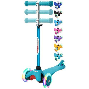 Chromewheels Scooter For Kids, Deluxe 3 Wheel Scooter For Toddlers 4 Adjustable Height Glider With Kick Scooters, Lean To Steer With Led Flashing Light For Ages 3-6 Girls Boys, Aqua