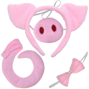 Skeleteen Pig Costume Accessories Set - Fuzzy Pink Pig Ears Headband, Bowtie, Snout And Tail Accessory Kit For Piglet Costumes For Toddlers And Kids