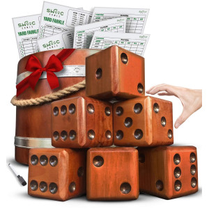 Swooc Games - Yardzee, Farkle & 20+ Giant Dice Games (All Weather) Yard Dice With Wooden Bucket, 5 Scorecards & Marker - Jumbo Dice Yard Game - Extra Large Yard Games For Adults - Jumbo Lawn Games