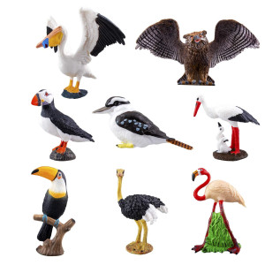 Toymany 8-Piece Realistic Bird Figurines Set, 2-4 Tropical Animal Toys With Toucan, Ostrich, Owl & Flamingo, Educational Cake Toppers & Gifts For Kids