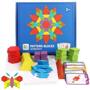 Jcren Wooden Pattern Blocks Montessori Toys Shape Puzzles Kindergarten Classic Educational Tangram Geometric Brain Teaser Toys Best Stem Gift For Kids Ages 4-8 With 24 Pcs Design Cards