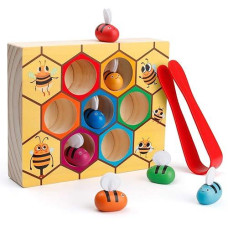 Coogam Toddler Fine Motor Skill Toy, Clamp Bee To Hive Matching Game, Montessori Wooden Color Sorting Puzzle, Early Learning Preschool Educational Gift Toy For 3 4 5 Years Old Kids