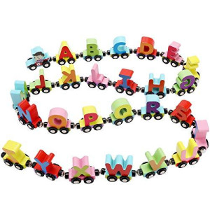 Quoxo Wooden Trackless Trains Set, Alphabets Numbers Magnetic Train Cars For Children Early Educational (Letter Train)