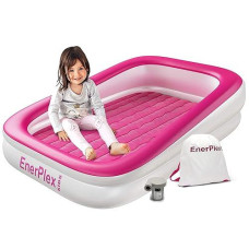 Enerplex Inflatable Travel Bed With High Speed Pump, Portable Air Mattress For Kids On The Go, Blow Up Toddler With Sides - Built-In Safety Bumper - Pink