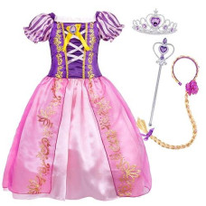 HenzWorld Little girls Dresses Princess costume Birthday Party Role Pretend cosplay Dress Up Braided Wig Headband Accessories Patchwork Mesh Split Skirt Purple Outfits Kids Age 5-6 Years