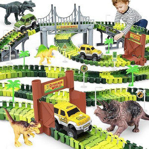 Dinosaur Toys-Create A Dinosaur World Road Race-Flexible Track Playset ,4 Dinosaurs And 2 Race Car Toys For 3 4 5 6 Year & Up Old Boy Girls Best Gift