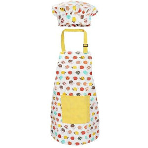 Jennice House Kids Apron Set With Chef Hat, Cute Child Baking Aprons With Adjustable Neck Strap And Pockets For Girls Boys Cooking Baking Painting Gardening In 2 Sizes (Yellow Hedgehog, Small)