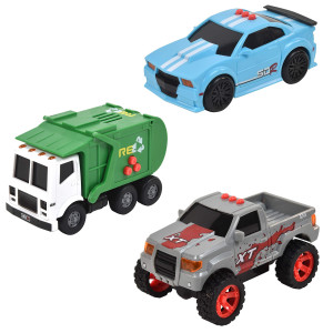 Sunny Days Entertainment Mini City Vehicles 3 Pack - Lights And Sounds Pull Back Toy Vehicle With Friction Motor | Includes Race Car Pick Up Truck And Recycle Truck - Maxx Action