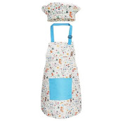 Jennice House Kids Apron Set With Chef Hat, Cute Child Baking Aprons With Adjustable Neck Strap And Pockets For Girls Boys Cooking Baking Painting Gardening In 2 Sizes (Blue Animals, Large)