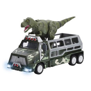 Dazmers Dinosaur Transport Truck Toy Die-Cast Jurassic World Transporter Jungle Truck And 9 Inch Tall Tyrannosaurs Rex Dinosaur Toy. Fun Dinosaur Playset