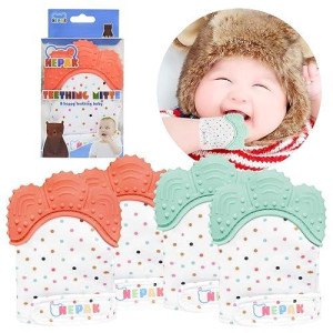 Nepak Teething Mitten 2 Pairs-Baby Glove Stimulating Teether Toys For Boys & Girls-Teething Glove For Child (Coral And Mint Colours)