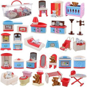 Beverly Hills Doll Collection Dollhouse Accessories Furniture And Accessory Set, All In One Bedroom, Kitchen, Laundry Room, And Bathroom 46 Piece Mega Set In A Storage Container