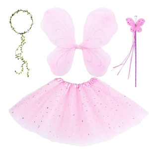 Itotoheart 4Pcs Fairy Costume Butterfly Wings Set For Girls Tutu Fairy Wings Kids Toddler Girls Children Birthday Party Accessories Pinkalicious