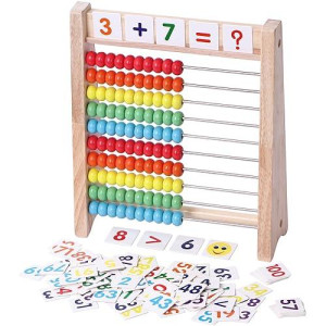 Educational Abacus For Kids Math - 10 Row Wooden Counting Frame With Number 1-100 Cards - Teach Counting, Addition And Subtraction, Preschool Learning Math Toys For Boys Girls Gift 3 4 5 Year Old