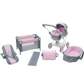 KOOKAMUNGA KIDS 5 Pc Baby Doll Stroller Set - Baby Doll Accessories - Baby Doll Playset w/ Doll Crib Stroller Car Seat - Playpen - Carry Cot - Diaper Bag - Ages 3+ - Deluxe Grey / Pink