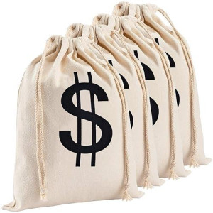 Apipi Canvas Money Bags For Party, Costume Money Bag Prop With Dollar Sign, 6.3 X 9 Inches Money Sacks For Party Favor Bank Robber Pirate Cowboy Cosplay Theme Party (4 Packs)