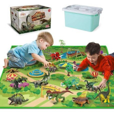 Dinosaur Toys With Dinosaur Figures, Activity Play Mat & Trees For Creating A Dino World Including T-Rex, Triceratops, Etc, Perfect Dinosaur Playset For 3,4,5,6 Years Old Kids, Boys & Girls