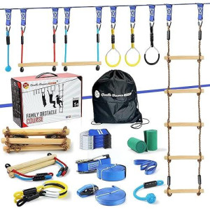 256Ft Ninja Warrior Obstacle Course For Kids - 600 Lbs Weight Capacity, Slackline Obstacle Course With 8 Ninja Accessories - Monkey Bar, Rope Ladder, Gymnastic Ring, Arm Trainer And Monkey Fist