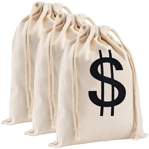 Apipi 3Pcs 11.4X15.3 Inches Large Canvas Money Bags For Party, Costume Money Bag Prop With Dollar Sign, Money Sacks For Halloween Bank Robber Pirate Cowboy Cosplay Theme Party